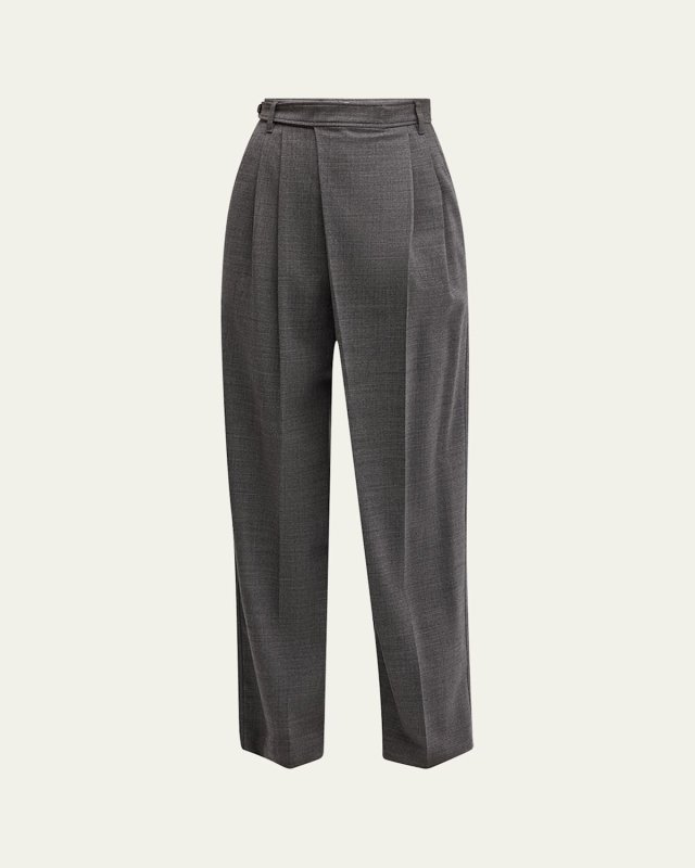 Stretch Wool Grisaille Crossover-Waist Wide-Leg Trousers